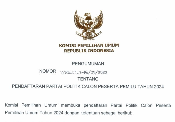 Pendaftaran Parpol Calon Peserta Pemilu 2024 Dibuka 1 Agustus 2022, Berikut Persyaratannya